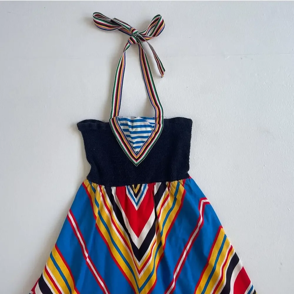 Vtg 70s Chevron Ruched Halter Sun Dress / XXS Women / Girls / Handmade Retro